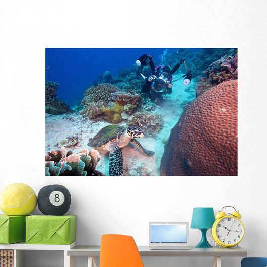 Diver and Hawksbill Turtle Wall Decal