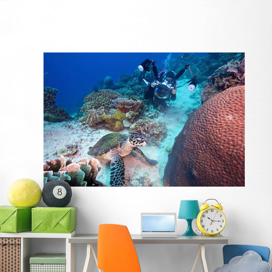 Diver and Hawksbill Turtle Wall Decal