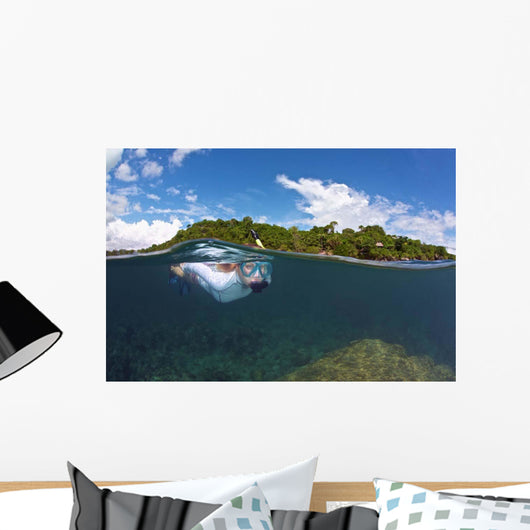 Snorkeler Explores Coral Reef Wall Decal Design 1