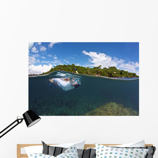 Snorkeler Explores Coral Reef Wall Decal Design 1