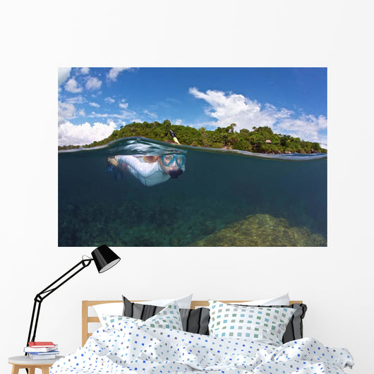 Snorkeler Explores Coral Reef Wall Decal Design 1