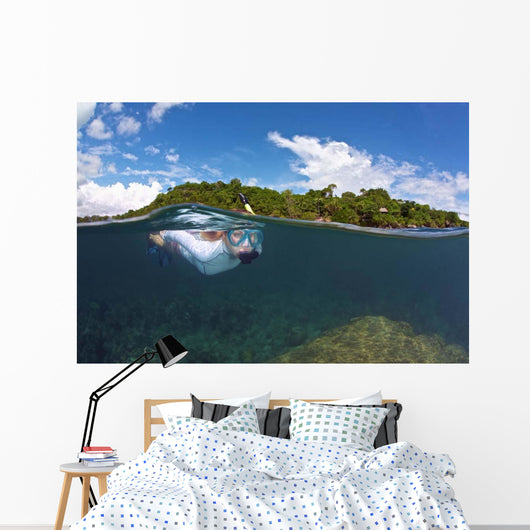Snorkeler Explores Coral Reef Wall Decal Design 1