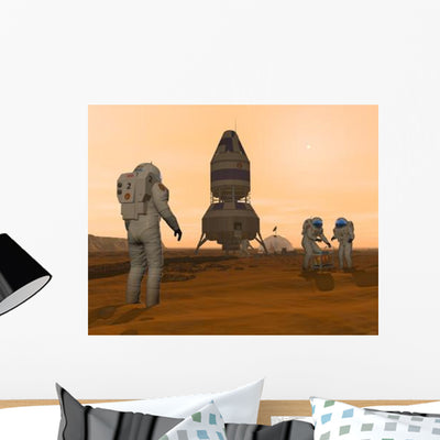 Illustration Astronauts Setting up Wall Decal shown on a wall