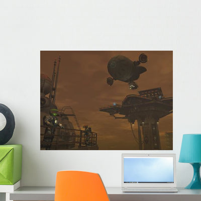 Illustration Spacecraft and Astronauts Wall Decal shown on a wall