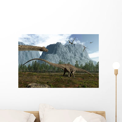Diplodocus Dinosaurs Graze While Wall Decal shown on a wall