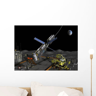 Manned Lunar Space Elevator Wall Decal Design 1 shown on a wall