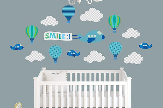Blue Clouds Balloons Airplane Wall Decal Sticker Set Wall Decal
