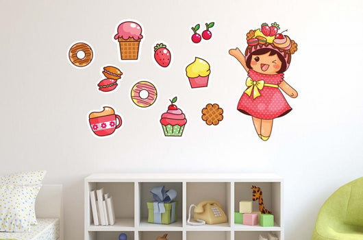 Kawaii Little Girl with Wall Decal Sticker Set Wall Decal