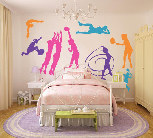 Colorful Girls Sports Silhouettes Wall Decal Sticker Set Wall Decal