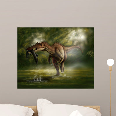 Baryonyx Dinosaur Catches Fish in Wall Decal shown on a wall