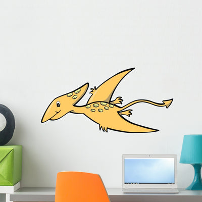 Yellow Pterodactyl Baby Dinosaur Wall Decal shown on a wall