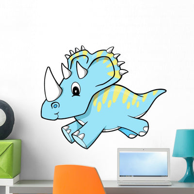Blue Triceratops Baby Dinosaur Wall Decal shown on a wall