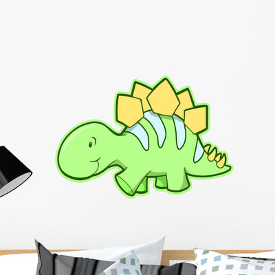 Adorable Green Stegosaurus Dinosaur Wall Decal shown on a wall