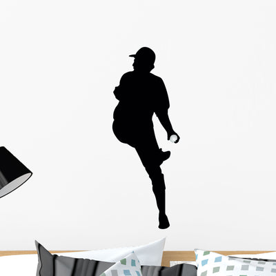 Pitcher Throwing Baseball Silhouette Wall Decal shown on a wall