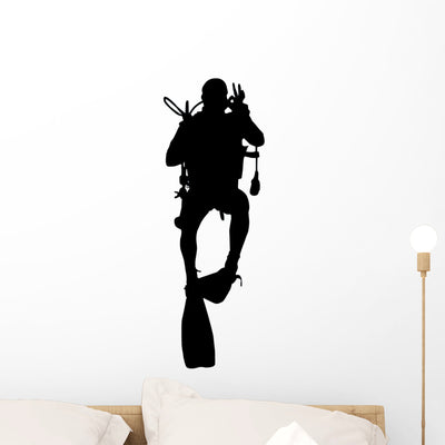 Scuba Diver Diving Wall Decal shown on a wall