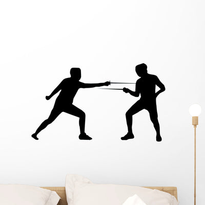 Fencing Silhouette Wall Decal shown on a wall