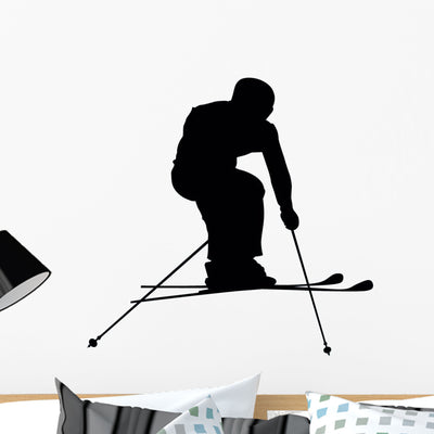 Skiing Silhouette Wall Decal shown on a wall