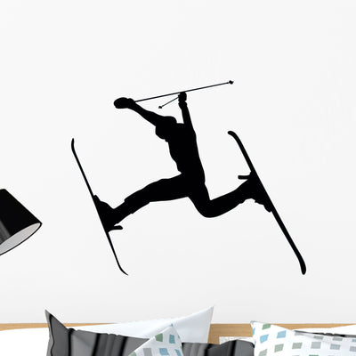 Skiing Silhouette Wall Decal shown on a wall