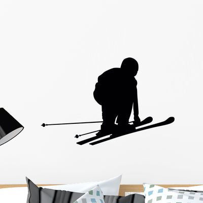 Skiing Silhouette Wall Decal shown on a wall