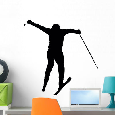 Skiing Silhouette Wall Decal shown on a wall