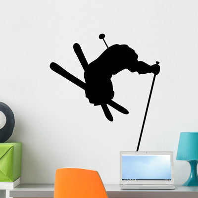 Skiing Silhouette Wall Decal shown on a wall
