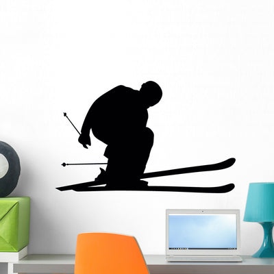 Skiing Silhouette Wall Decal shown on a wall