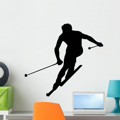 Skiing Silhouette Wall Decal shown on a wall