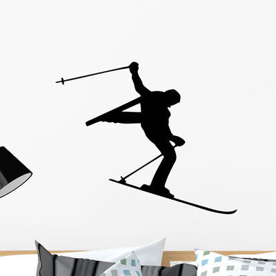 Skiing Silhouette Wall Decal shown on a wall