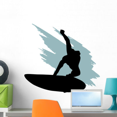 Surf Silhouette Grey Wave Wall Decal shown on a wall