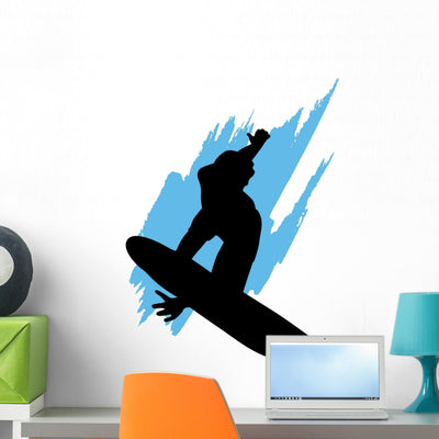 Surfing Silhouette Blue Wave Wall Decal shown on a wall