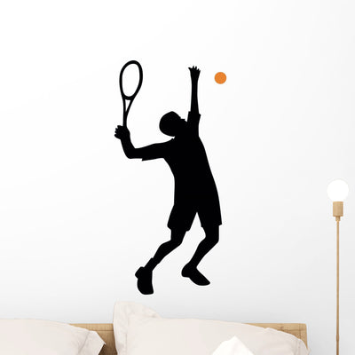 Serving Tennis Silhouette Wall Decal shown on a wall