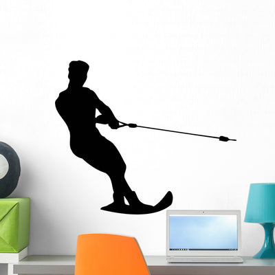 Water Skiing Silhouette Wall Decal shown on a wall