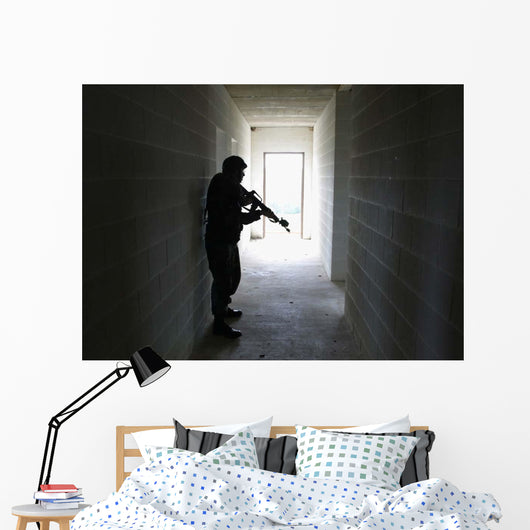Soldier Clears Hallway Building Wall Decal