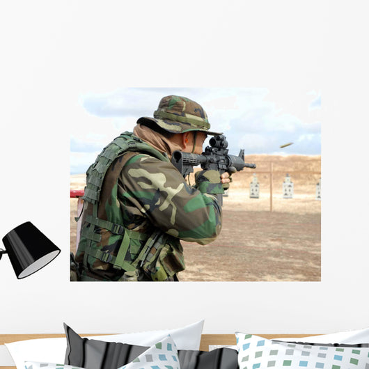 Soldier Fires Rounds down Wall Decal