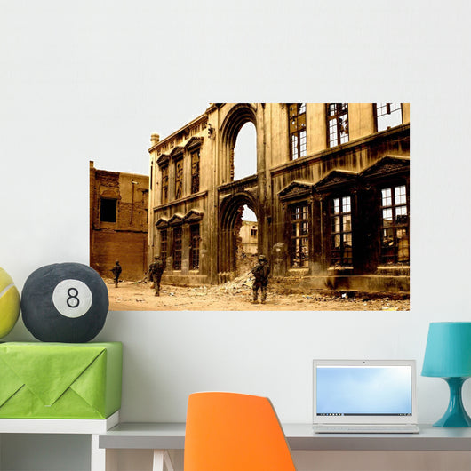 Soldiers Patrolling past Facade Wall Decal