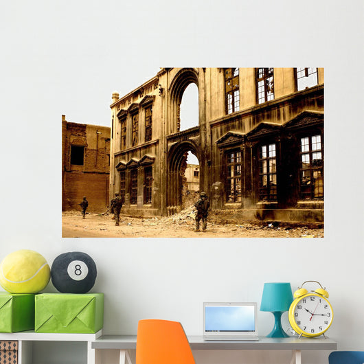 Soldiers Patrolling past Facade Wall Decal