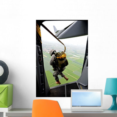 Paratrooper Executes Airborne Jump Wall Decal shown on a wall