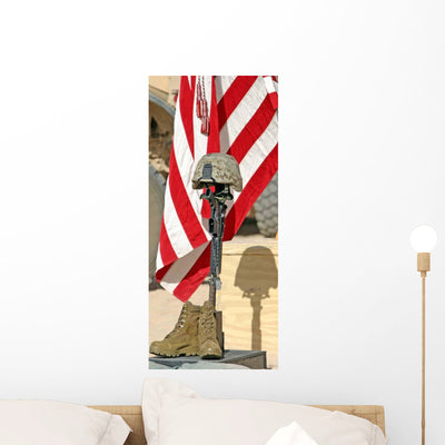 Battlefield Memorial Cross Rifle Wall Decal shown on a wall