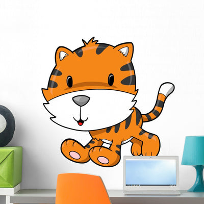 Cute Frolicking Little Tiger Wall Decal shown on a wall