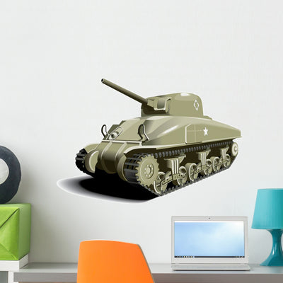 Green Military Tank Wall Decal shown on a wall