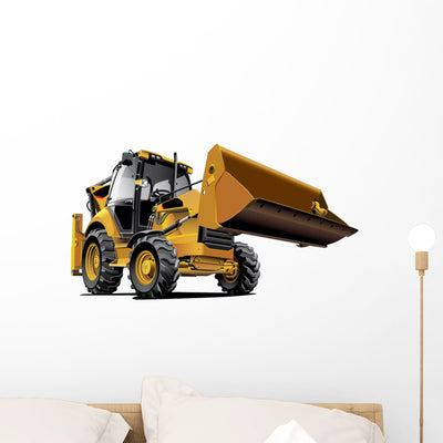 Lifted Yellow Construction Bulldozer Wall Decal shown on a wall